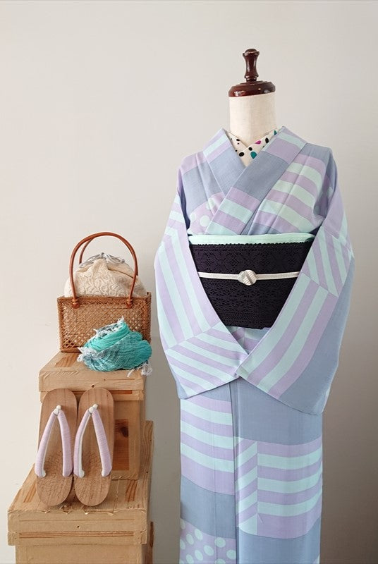 2025SS オリジナル浴衣 水玉ストライプ/グレーミント