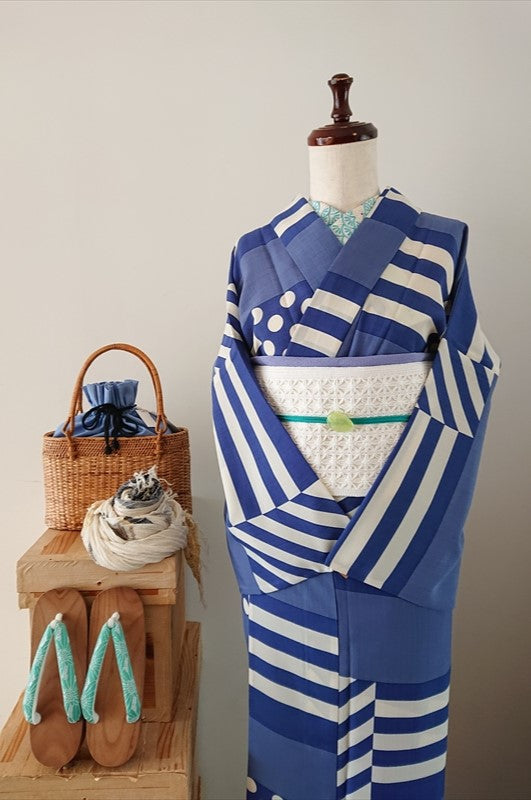 2025SS オリジナル浴衣 水玉ストライプ/ネイビークリーム