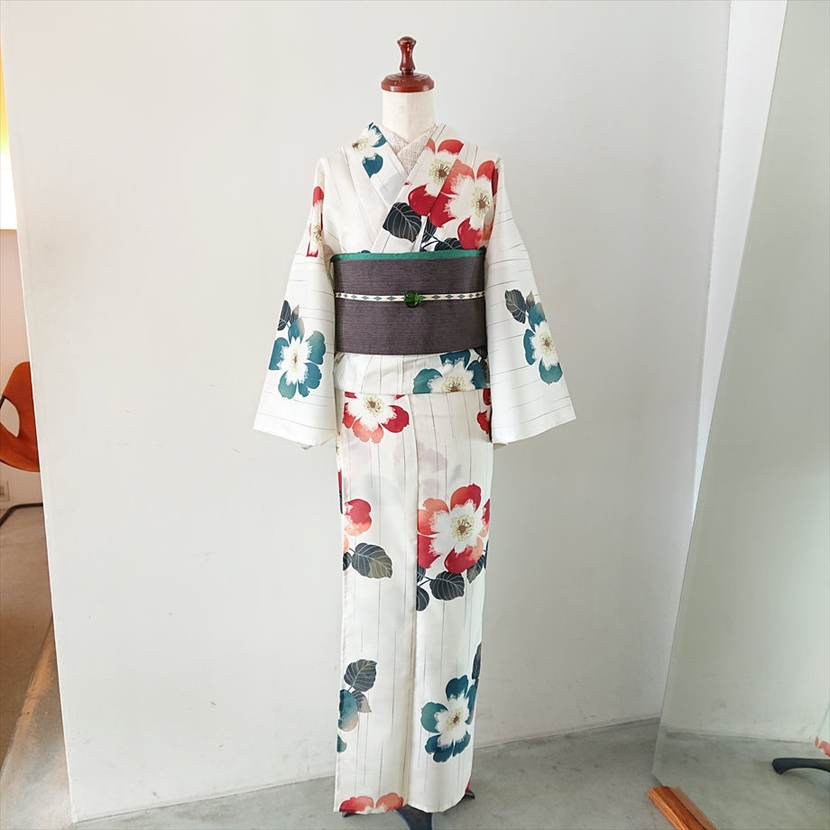 ポリエステル浴衣 ツバキ水彩