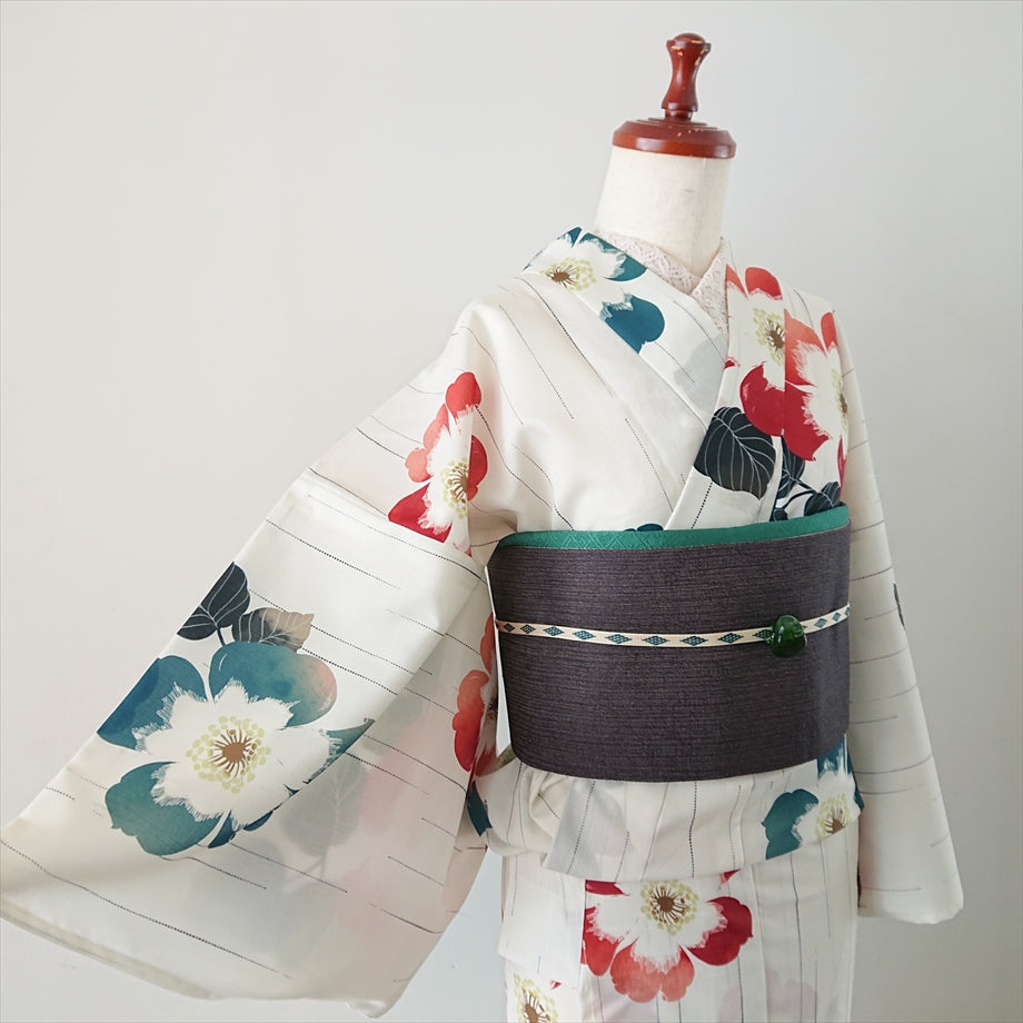ポリエステル浴衣 ツバキ水彩