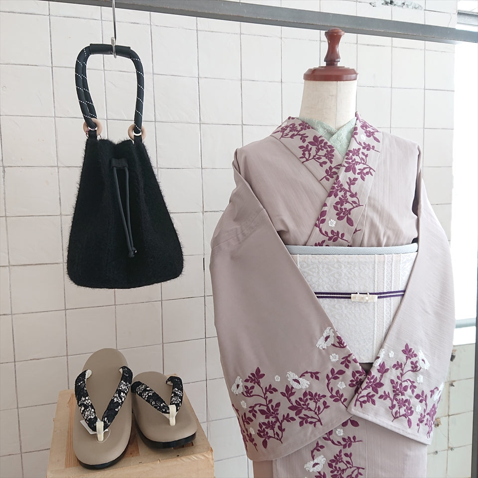 フォレストフラワー刺繍デニム着物 ベージュ