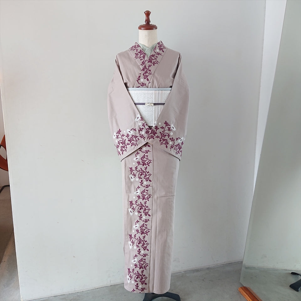 フォレストフラワー刺繍デニム着物 ベージュ