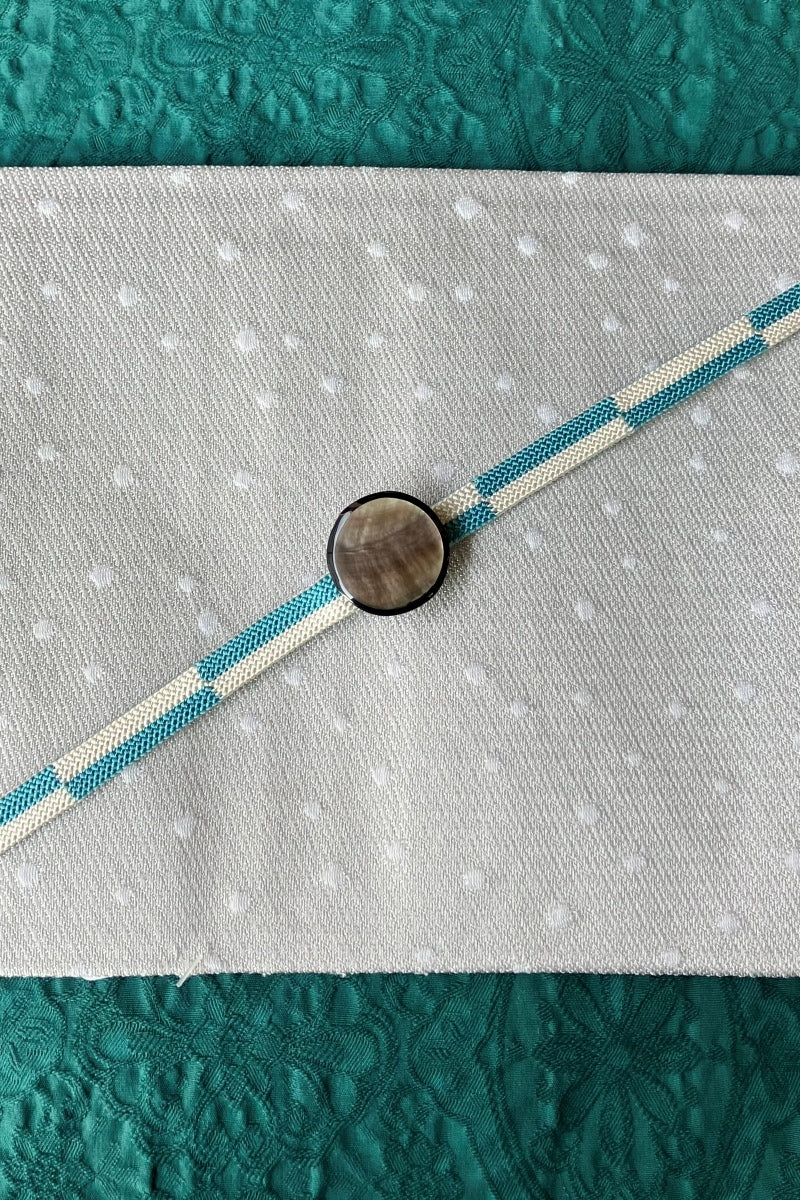 【セット】 三分紐市松水色×帯留 螺鈿丸