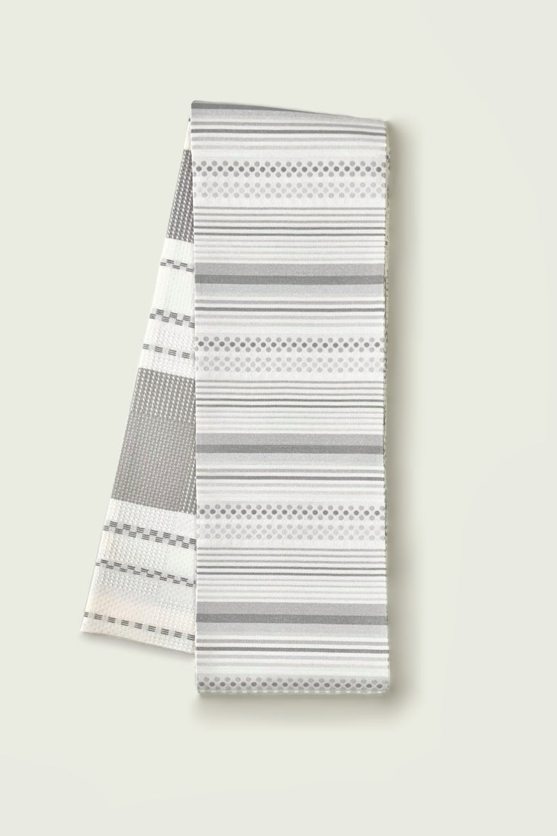 半巾帯　ドットボーダー白グレー