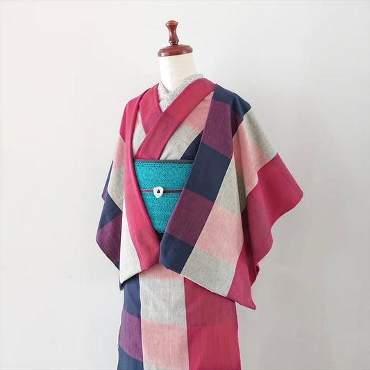 【お仕立て無し】伊勢木綿 3列チェック/赤×白×紺