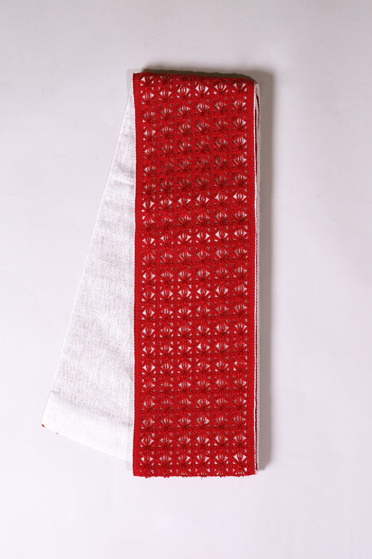 半巾帯　麻　トーション レース 編み レッド
