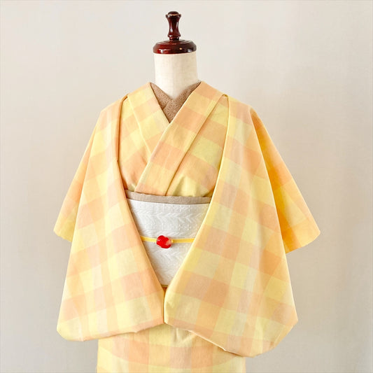 伊勢 綿麻着物 ブロックチェック/イエロー