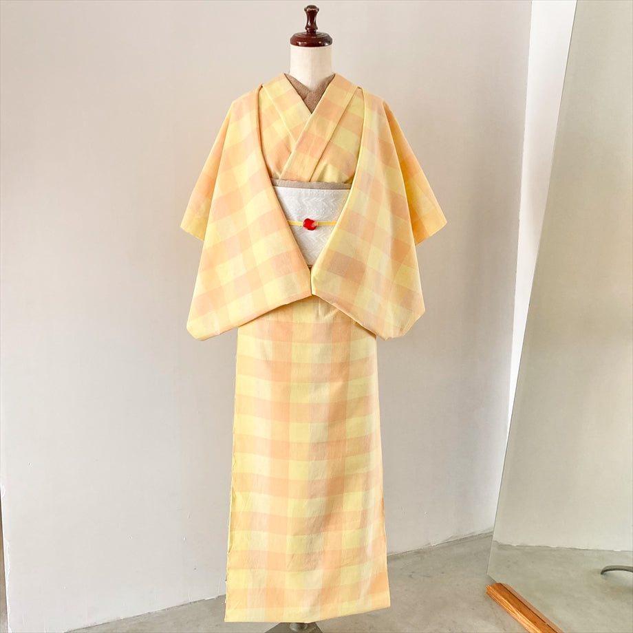 伊勢 綿麻着物 ブロックチェック/イエロー