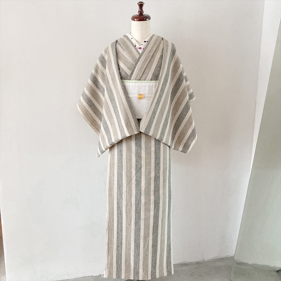 伊勢 綿麻着物 縞/グレージュ