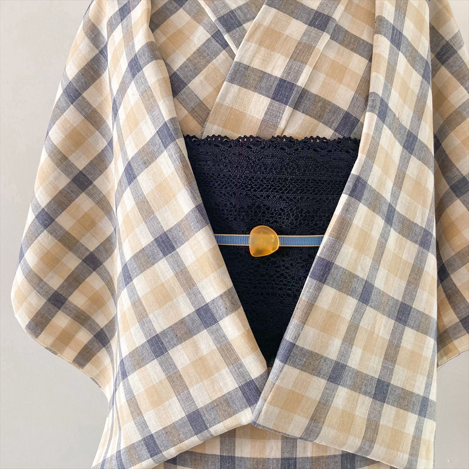 伊勢 綿麻着物 チェック/キャメル