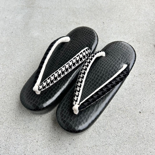 エナメル草履 クロコ黒/千鳥格子　 Mサイズ
