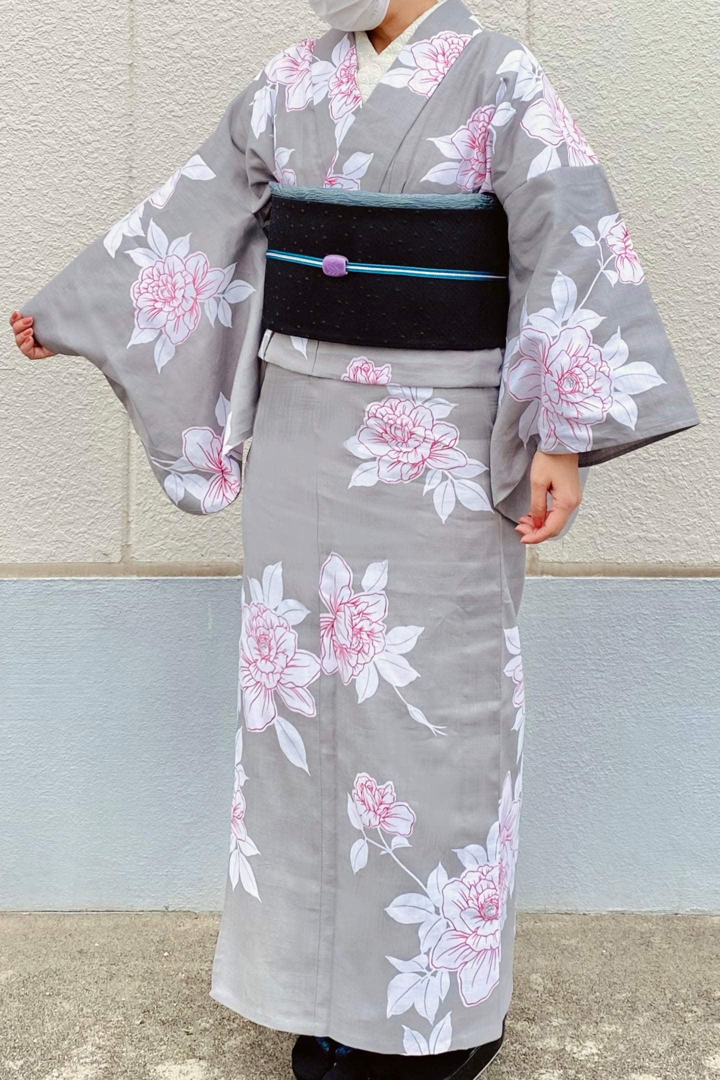オリジナル綿着物　バラ　グレー