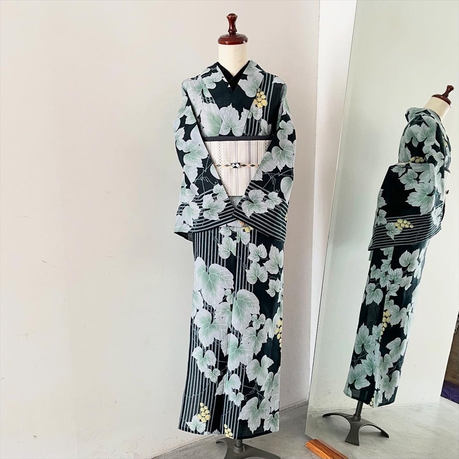 綿絽浴衣 葡萄 / 濃緑ストライプ