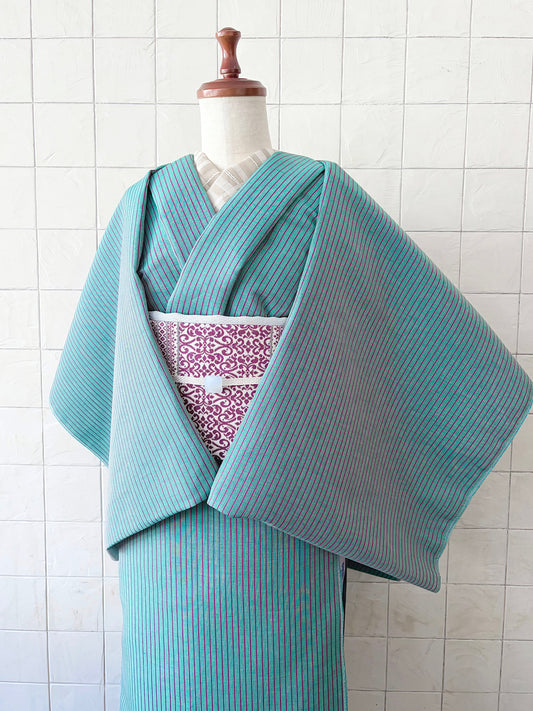KIPPE 涼しま綿麻着物　グリーン×ローズストライプ