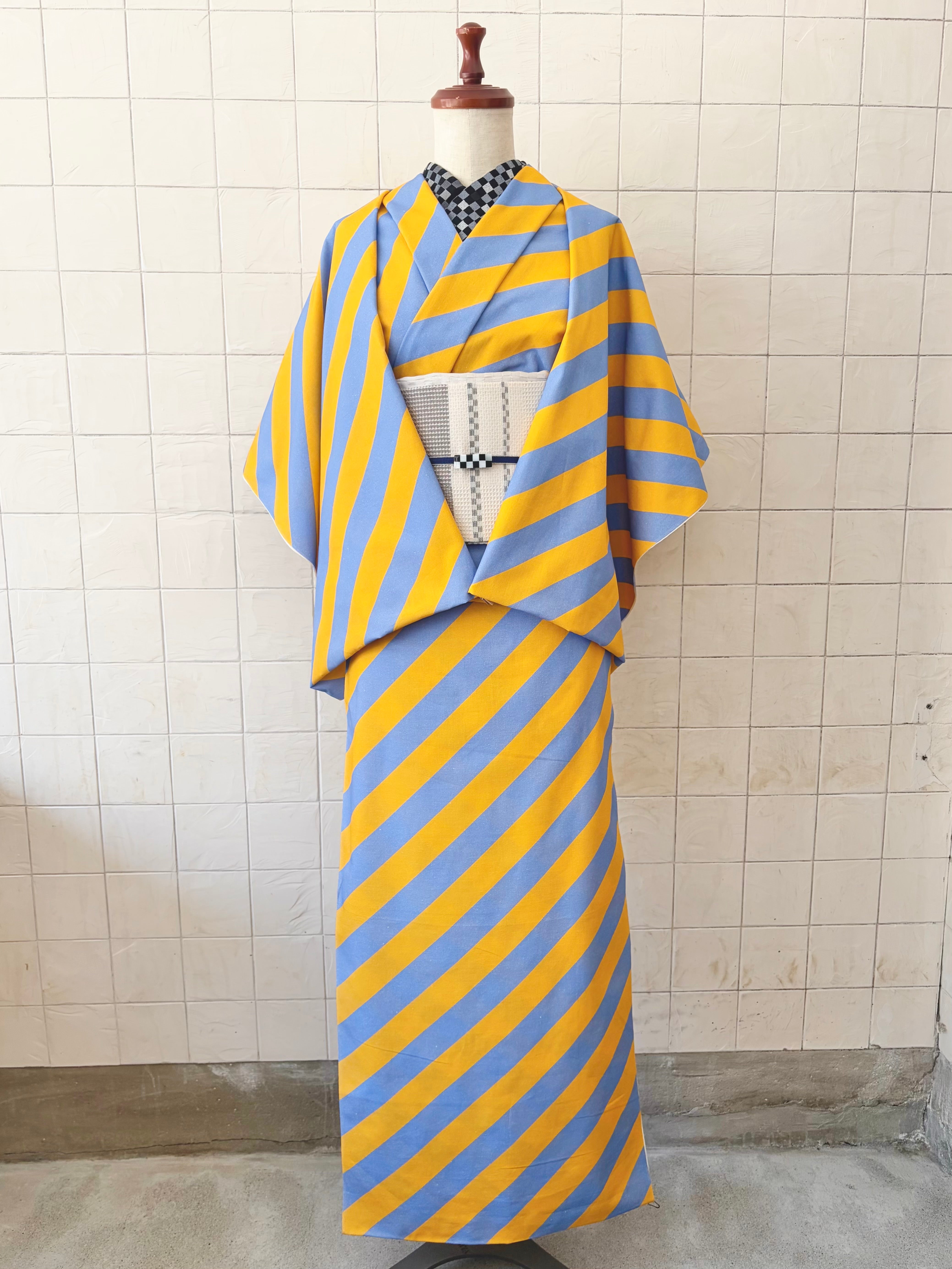 お仕立て無し】オリジナル 伊勢木綿 斜め縞/オレンジ×ブルー – 大塚呉服店