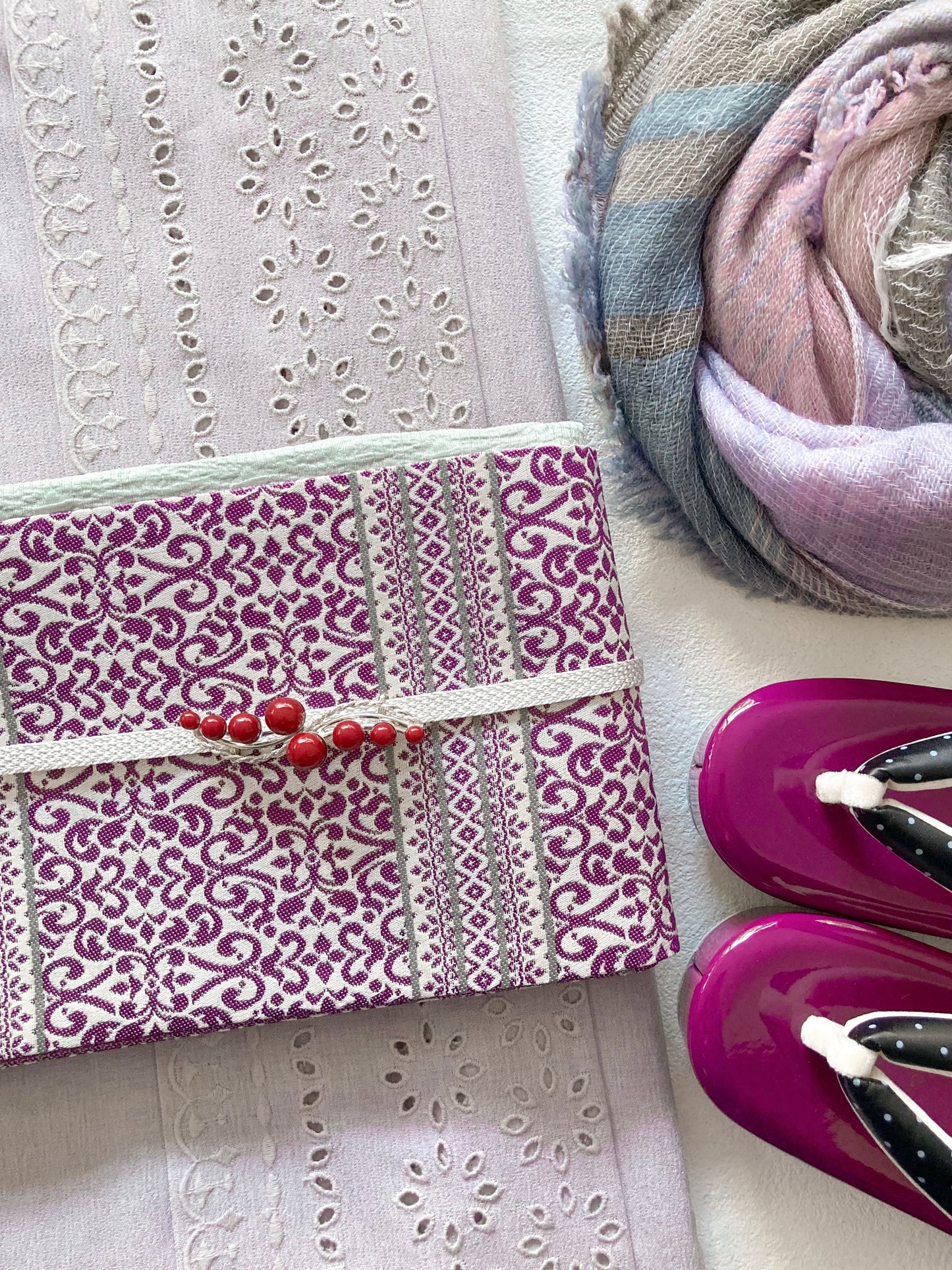 うさぎ小町×大塚呉服店コラボ半巾帯　第二弾　ペルシャ紋 ホワイトラズベリー