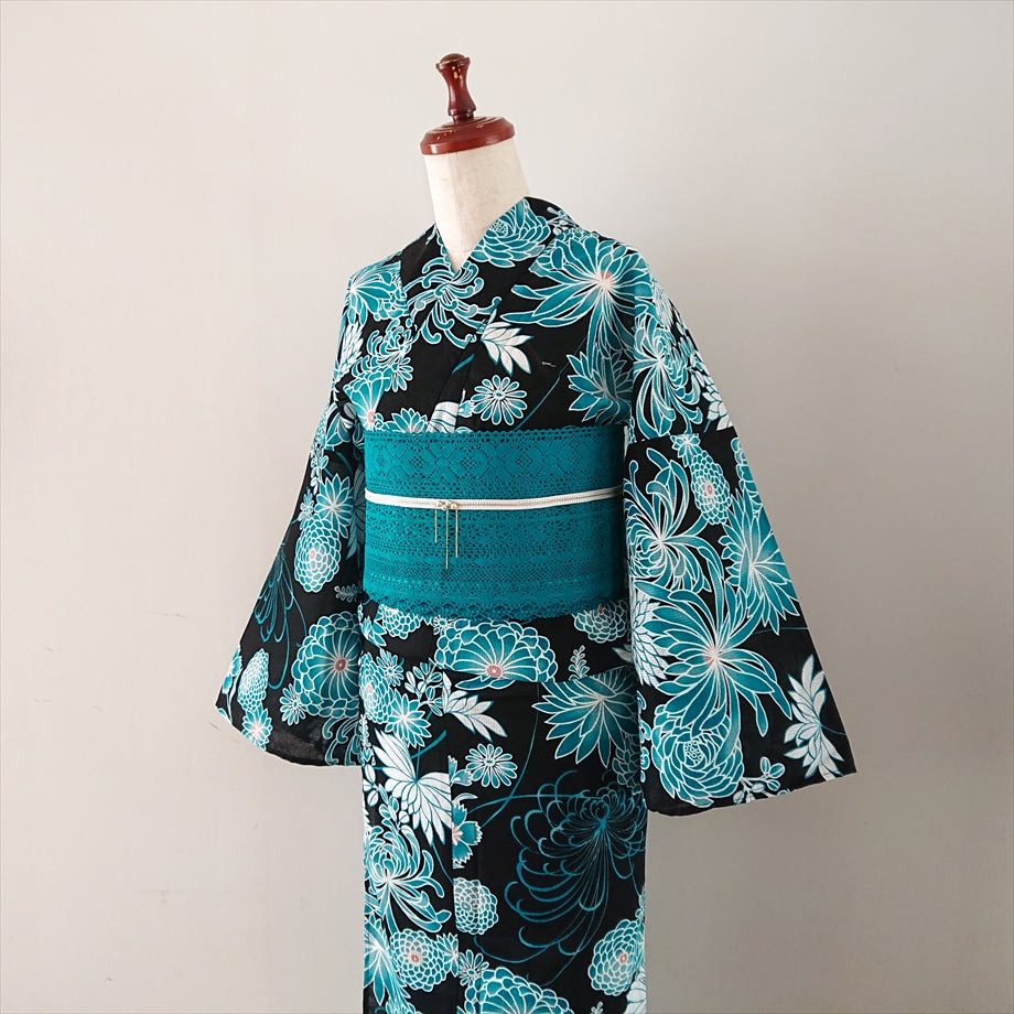綿浴衣　菊/ブラック