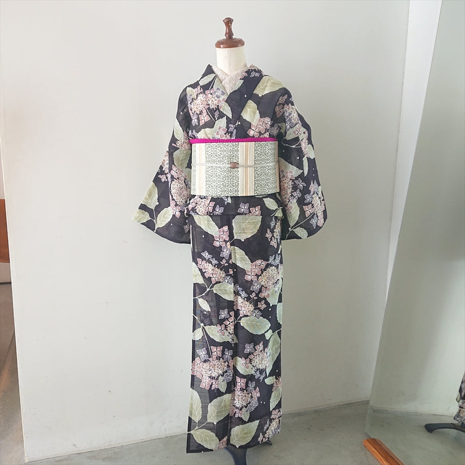綿麻絽浴衣 紫陽花/ブラウンブラック×ピンク