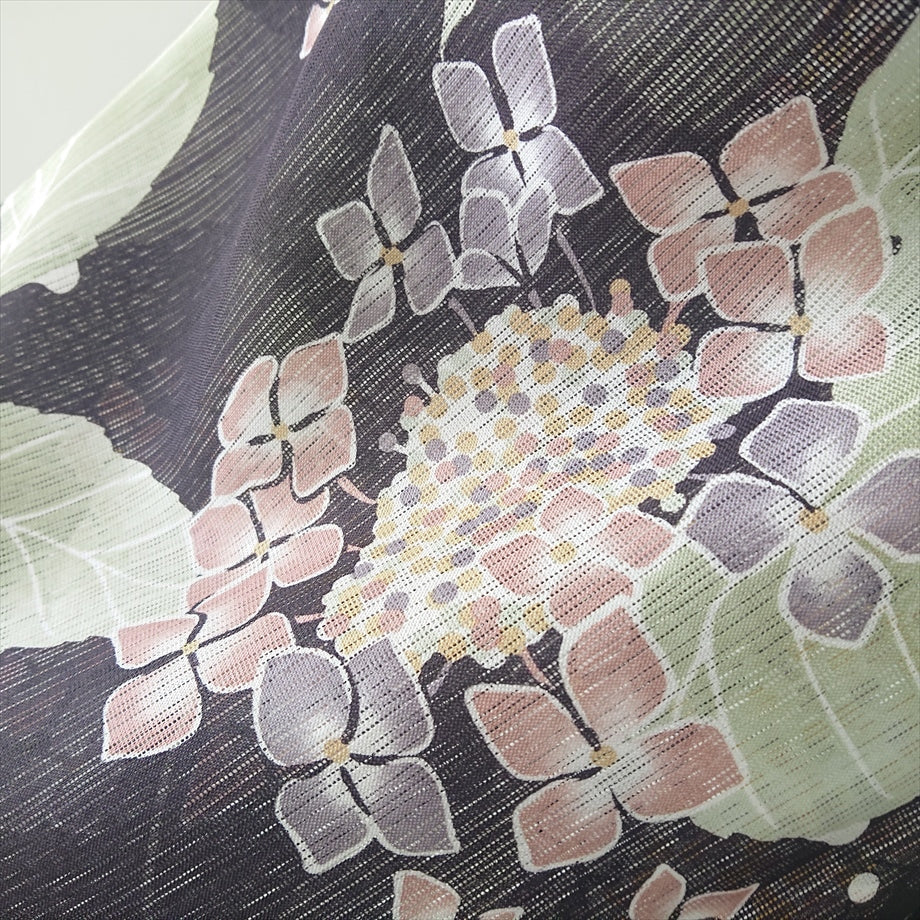 綿麻絽浴衣 紫陽花/ブラウンブラック×ピンク