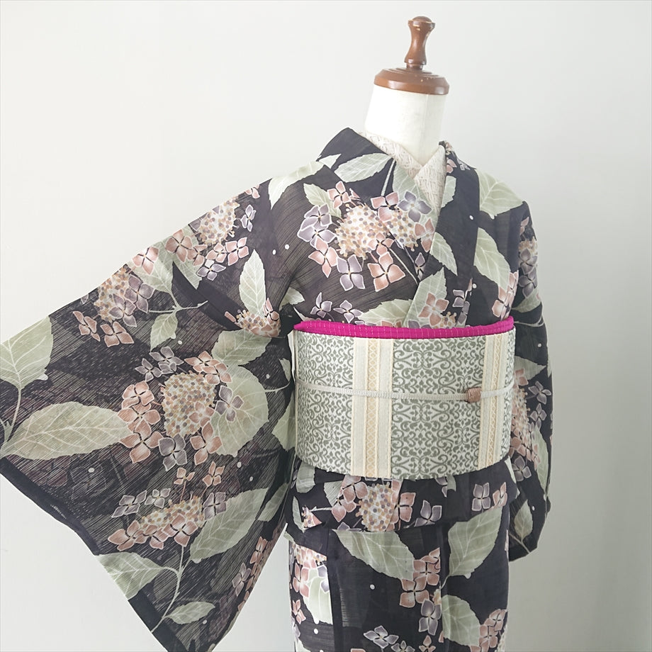 綿麻絽浴衣 紫陽花/ブラウンブラック×ピンク