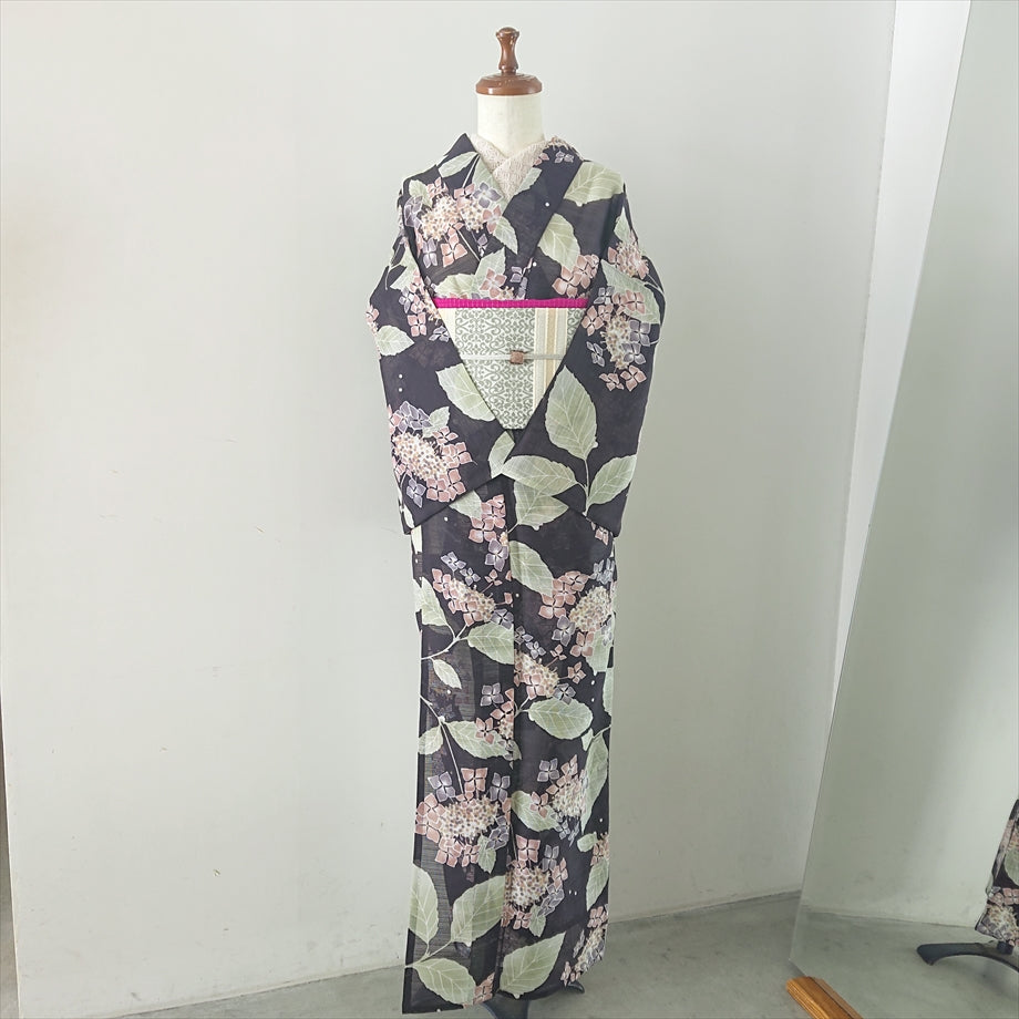 綿麻絽浴衣 紫陽花/ブラウンブラック×ピンク