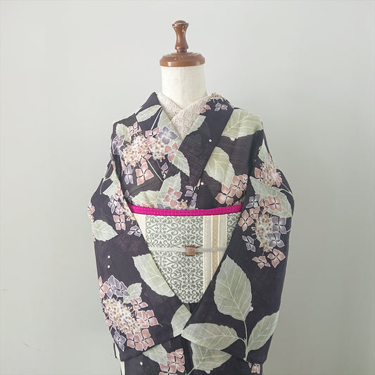 綿麻絽浴衣 紫陽花/ブラウンブラック×ピンク