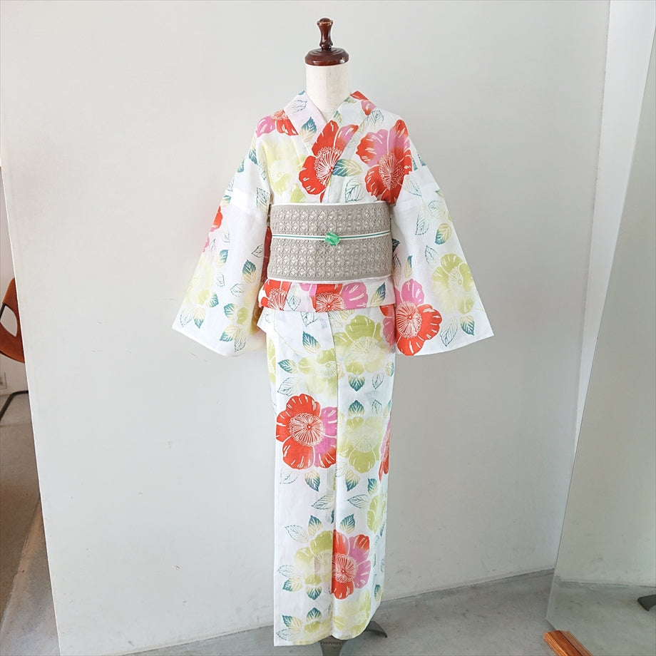 注染綿麻浴衣 レッド＆グリーン