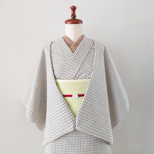 伊勢 綿麻着物 ピンチェック/黒×白