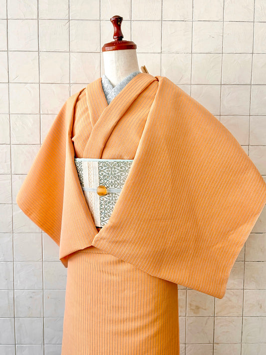 KIPPE 涼しま綿麻着物　薄オレンジ×ライトブルーストライプ