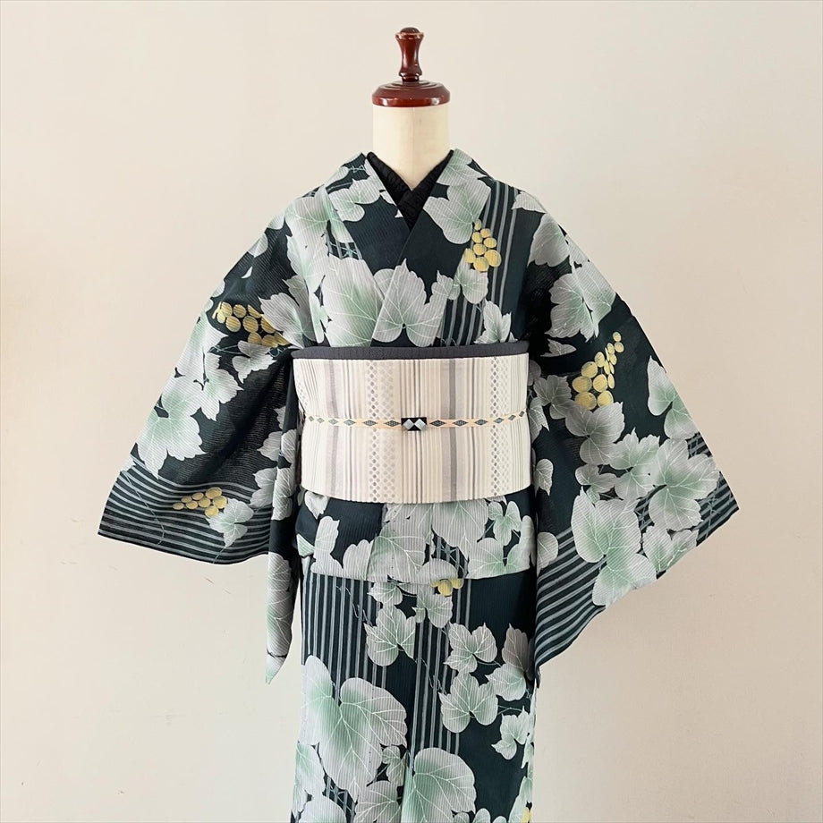 綿絽浴衣 葡萄 / 濃緑ストライプ
