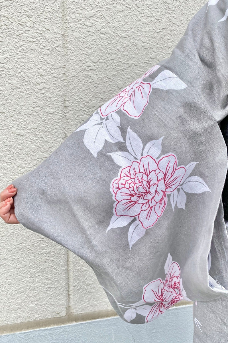 オリジナル綿着物　バラ　グレー