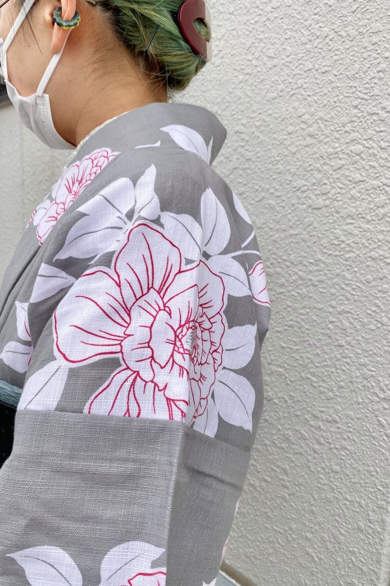 オリジナル綿着物　バラ　グレー