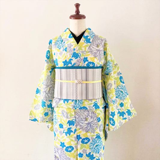 ポリエステル浴衣 ケシと夏草/イエロー×ターコイズ