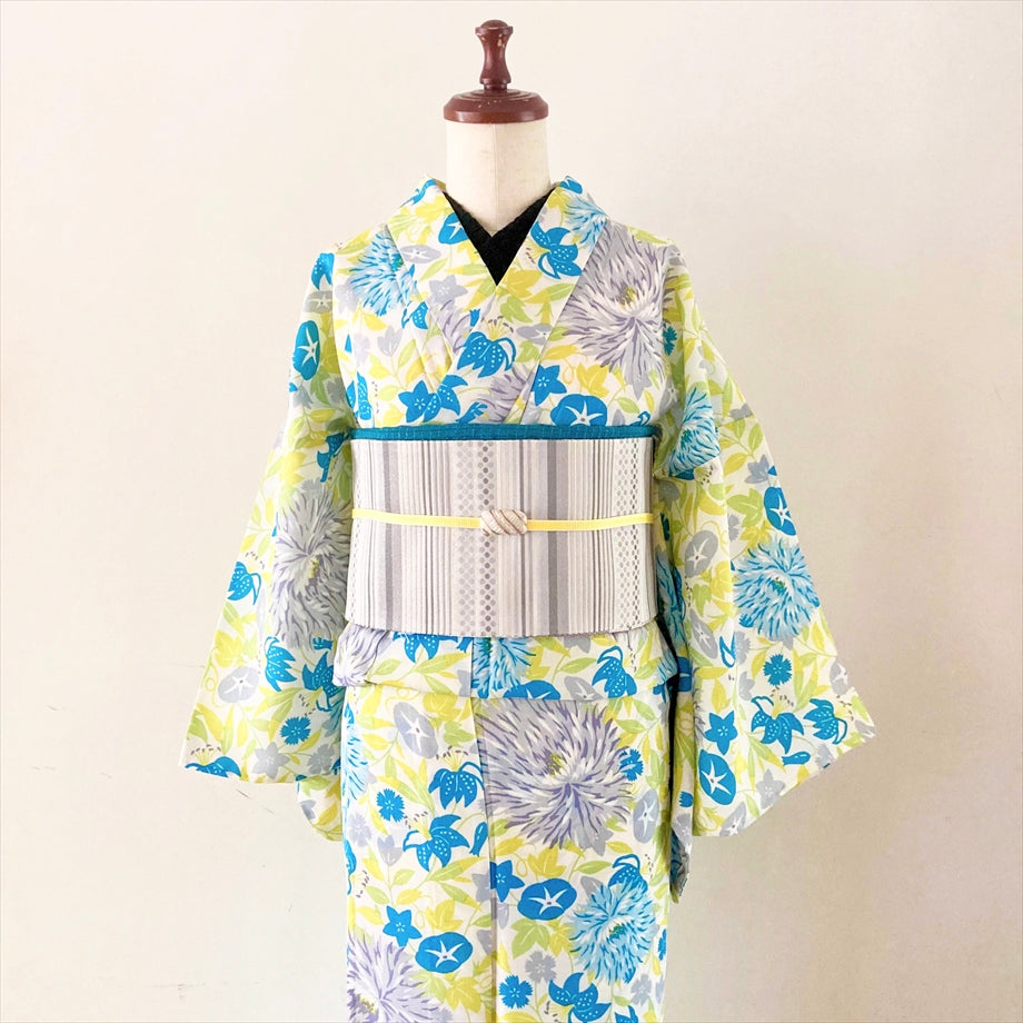ポリエステル浴衣 ケシと夏草/イエロー×ターコイズ