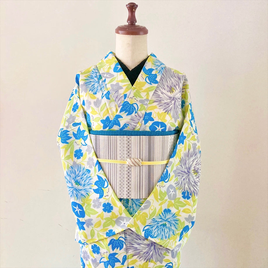 ポリエステル浴衣 ケシと夏草/イエロー×ターコイズ