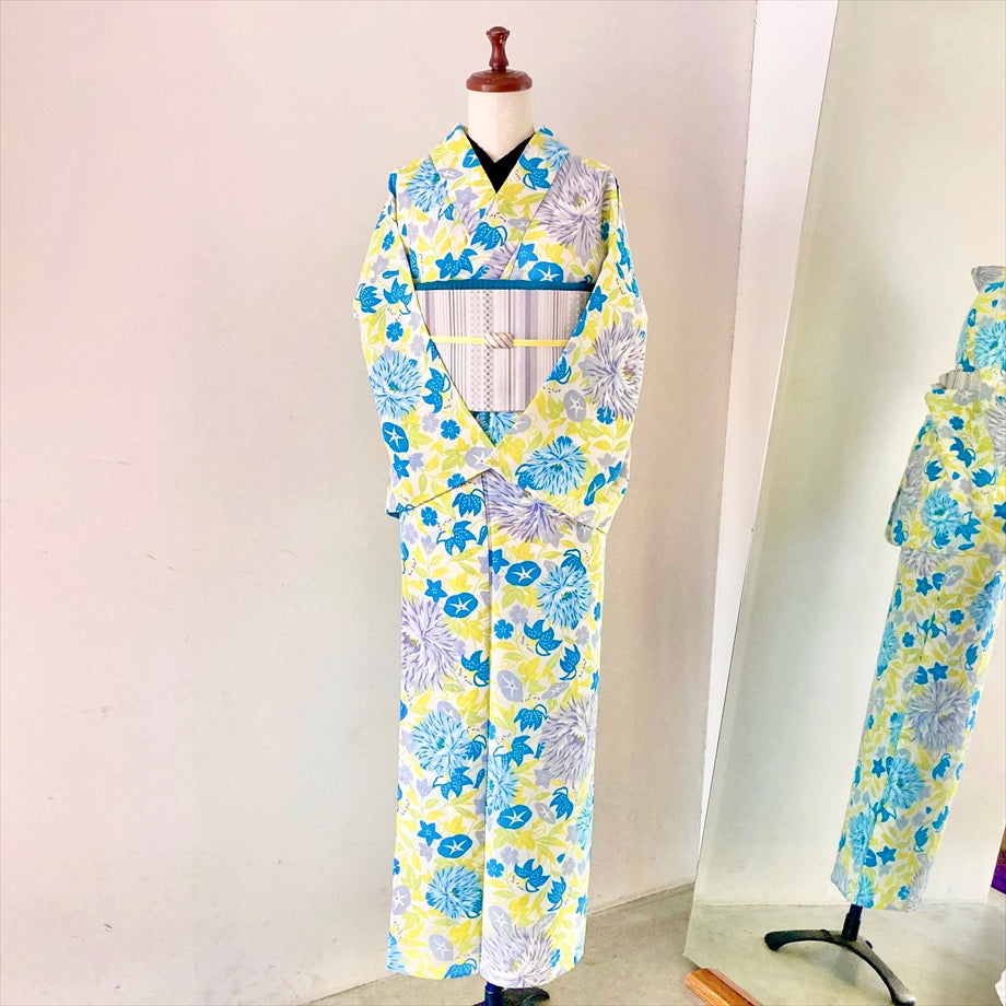 ポリエステル浴衣 ケシと夏草/イエロー×ターコイズ