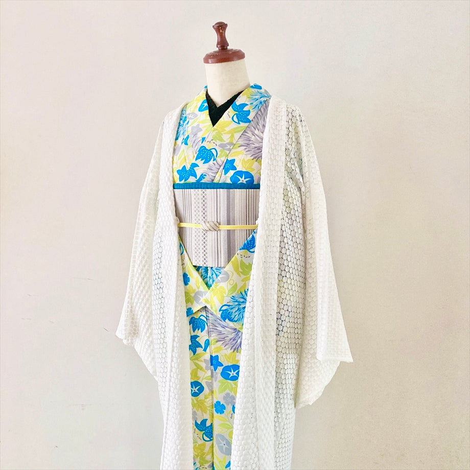 ポリエステル浴衣 ケシと夏草/イエロー×ターコイズ