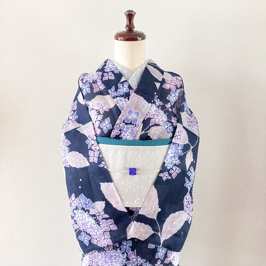 綿麻絽浴衣 紫陽花/ネイビー×パープル