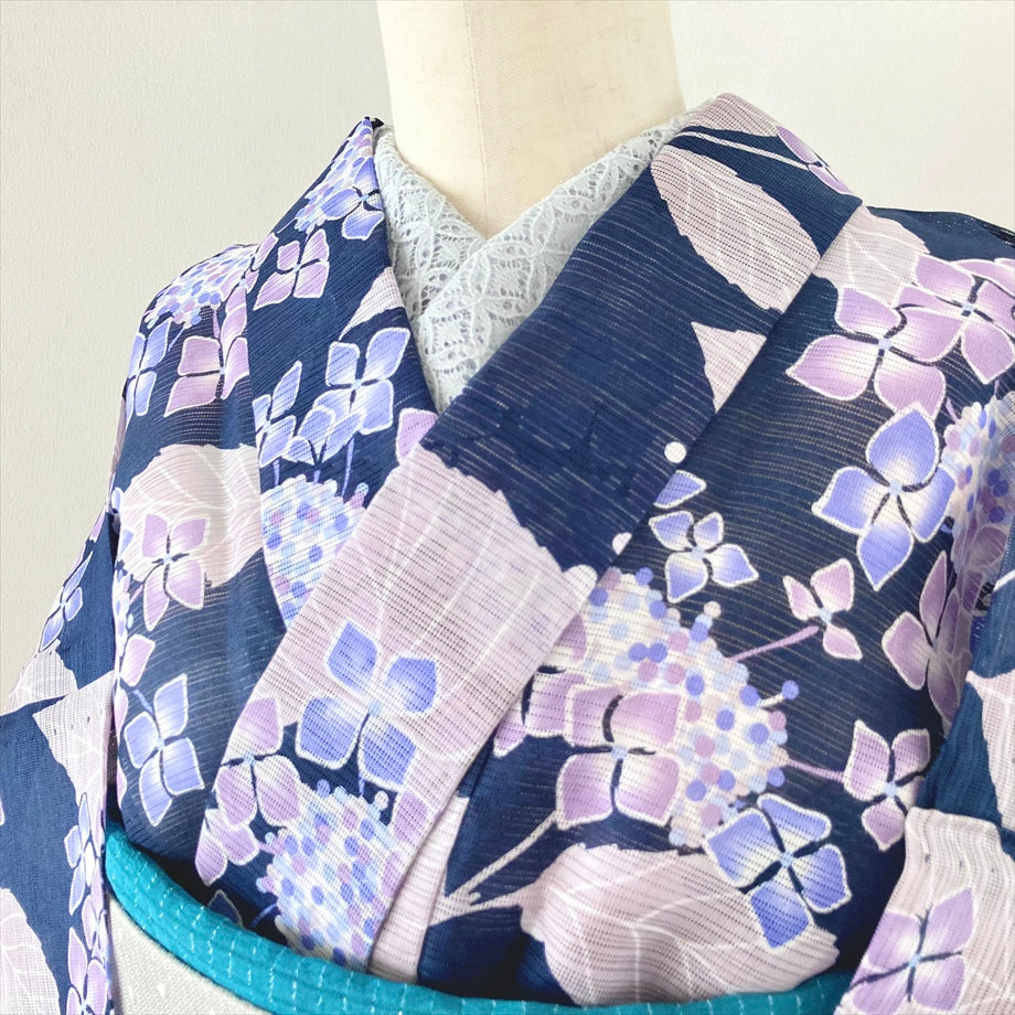 綿麻絽浴衣 紫陽花/ネイビー×パープル