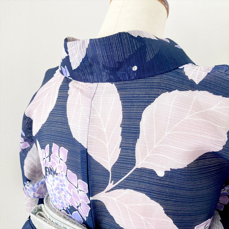 綿麻絽浴衣 紫陽花/ネイビー×パープル