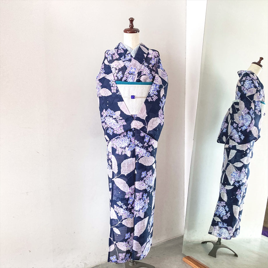 綿麻絽浴衣 紫陽花/ネイビー×パープル