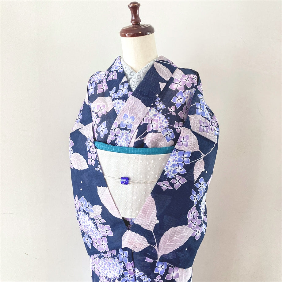 綿麻絽浴衣 紫陽花/ネイビー×パープル