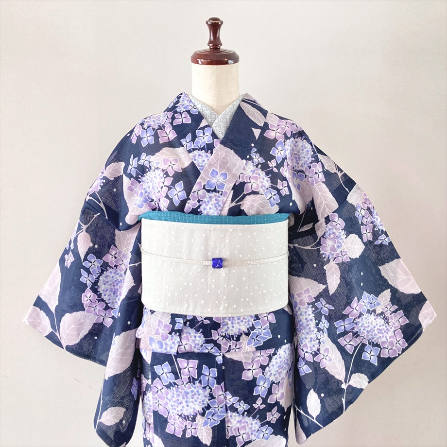 綿麻絽浴衣 紫陽花/ネイビー×パープル