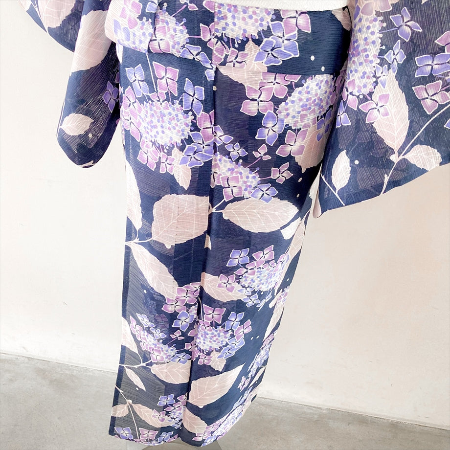 綿麻絽浴衣 紫陽花/ネイビー×パープル