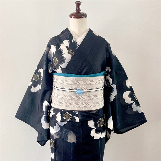 ポリエステル浴衣 ツバキ黒