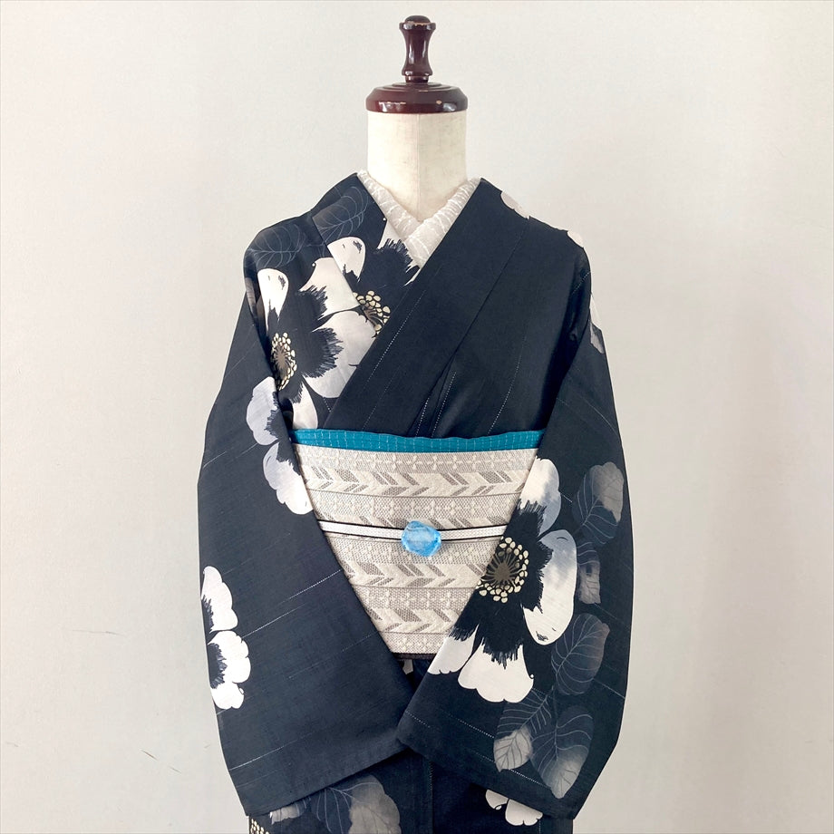ポリエステル浴衣 ツバキ黒
