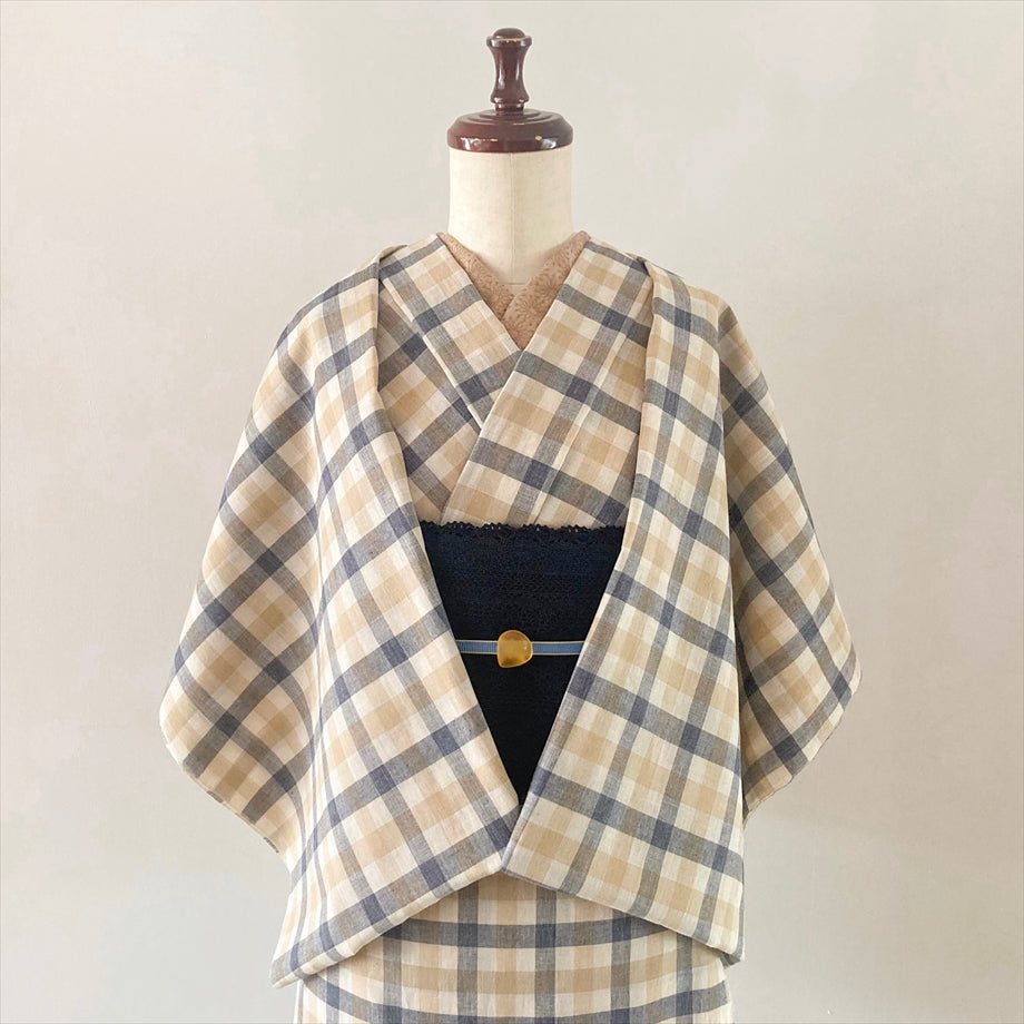 伊勢 綿麻着物 チェック/キャメル