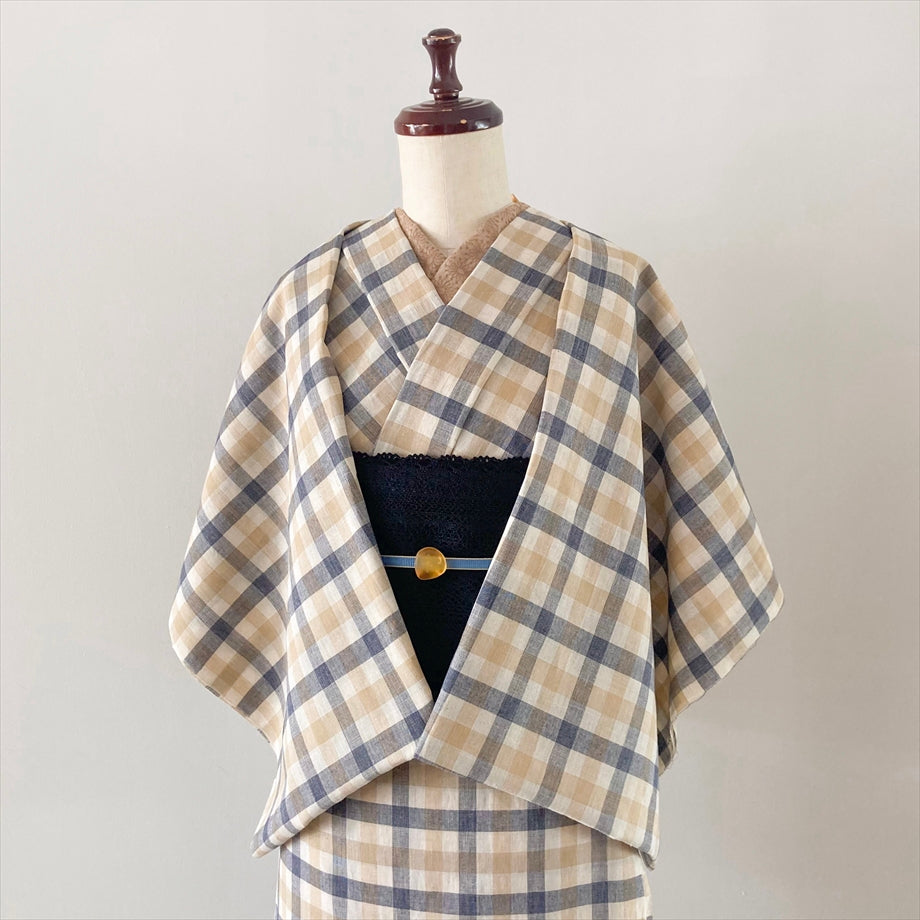 伊勢 綿麻着物 チェック/キャメル