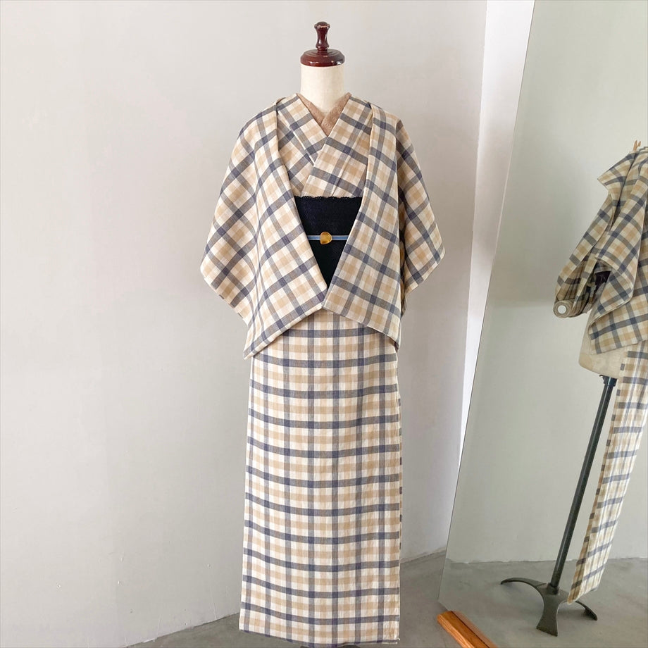 伊勢 綿麻着物 チェック/キャメル