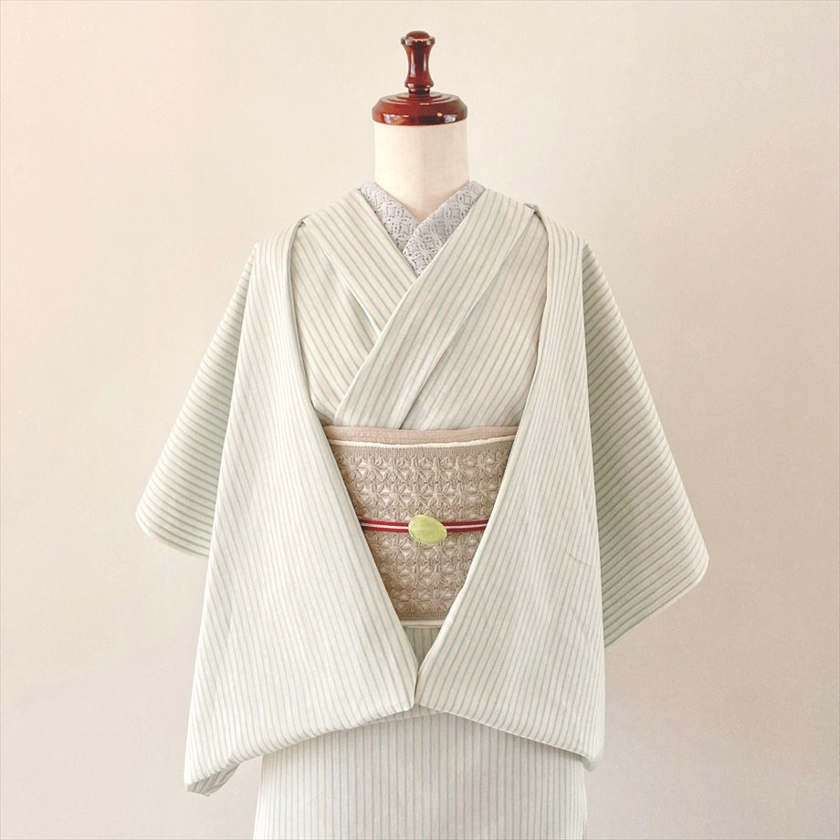 伊勢 綿麻着物 ストライプ/白×水色